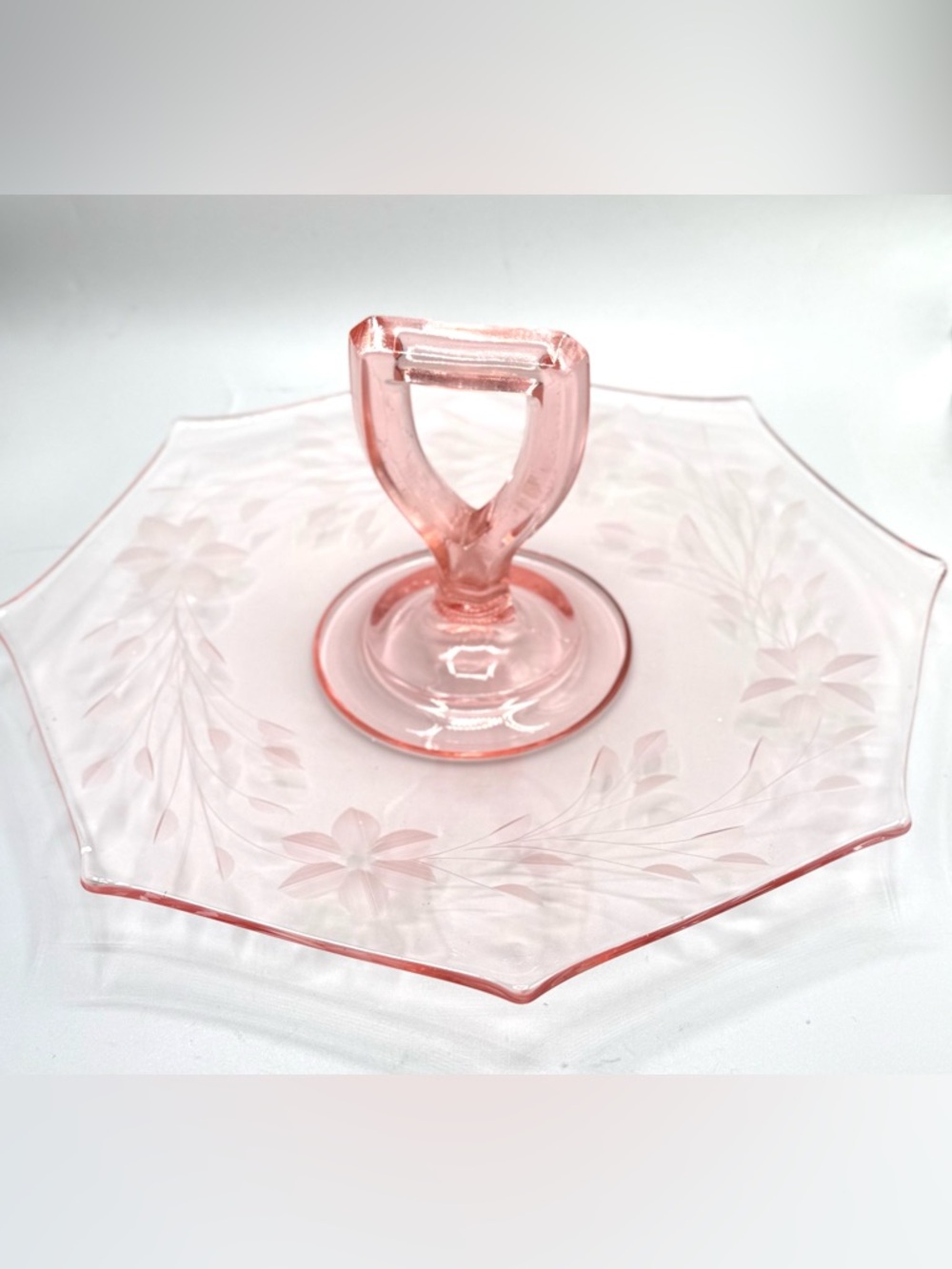 Vintage Depression Pink Etched Glass Handled Dessert Plate/ Decor